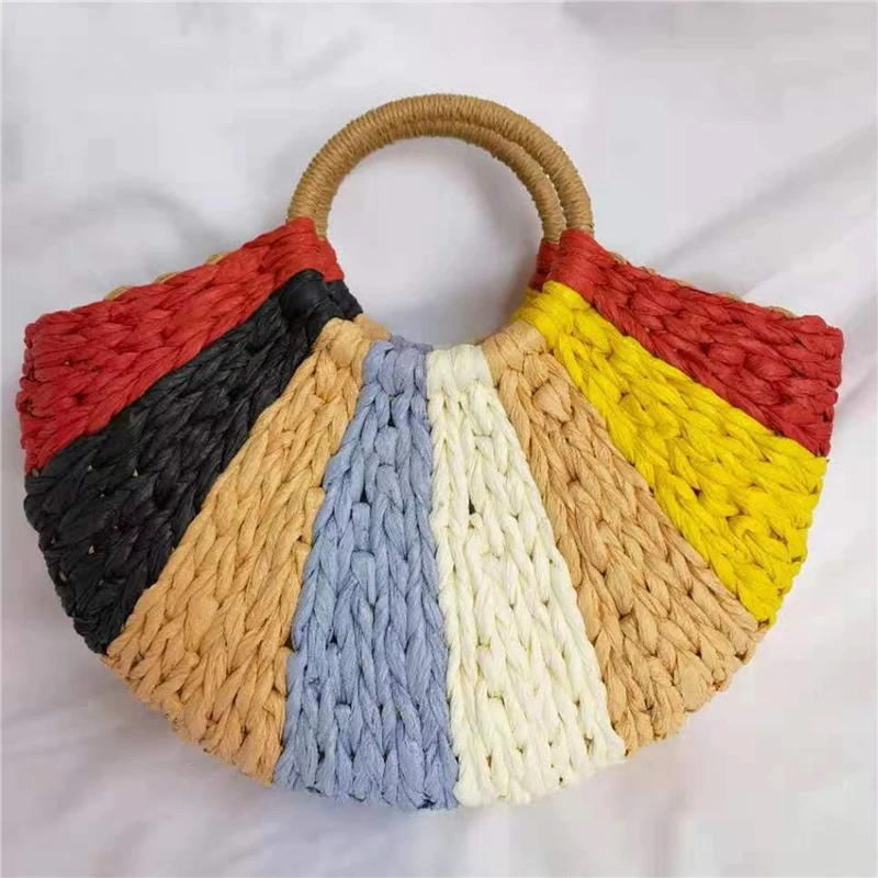 Women Handbag Rattan Wicker Straw Woven Half-round Bag Large Capacity Female Casual Travel Tote Fashion Bolsos Mimbres