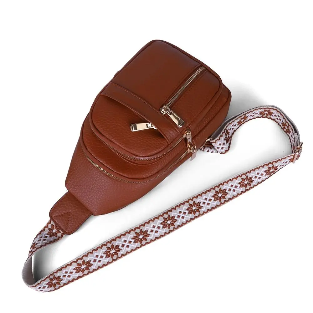 Torebka damska w stylu boho z ekoskóry, jednolita, vintage, na ramię, z wieloma kieszeniami, zapinana na zamek, idealna na wędrówki.