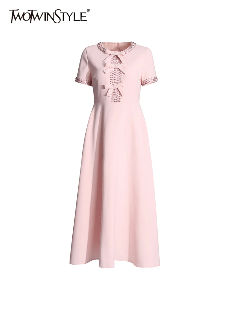 

TWOTWINSTYLE Patchwork Bowknot Elegant Dresses For Women Round Neck Short Sleeve High Waist Spliced Diamonds Slim Dress Female