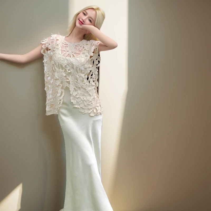 

White Lace Hollow out Top Vest Front ort Ba Long Asymmetrical Design 9050kg Women's Summer Original Design Polyester irt