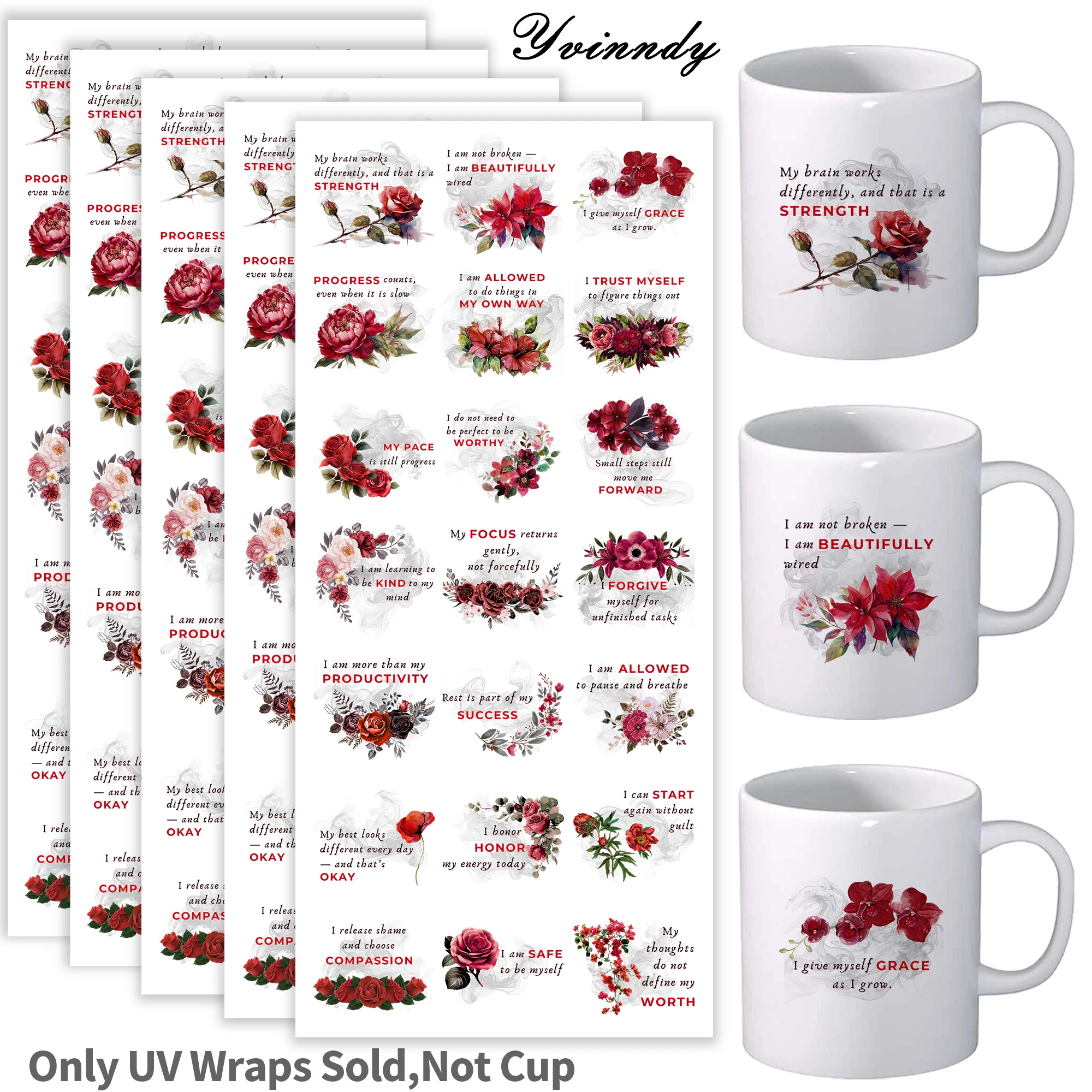 105Pcs/Set Red Flowers Transparent UV DTF Transfer Sticker DIY Craft Kits with Crystal Label 16oz Glass Jars Wrap Stickers
