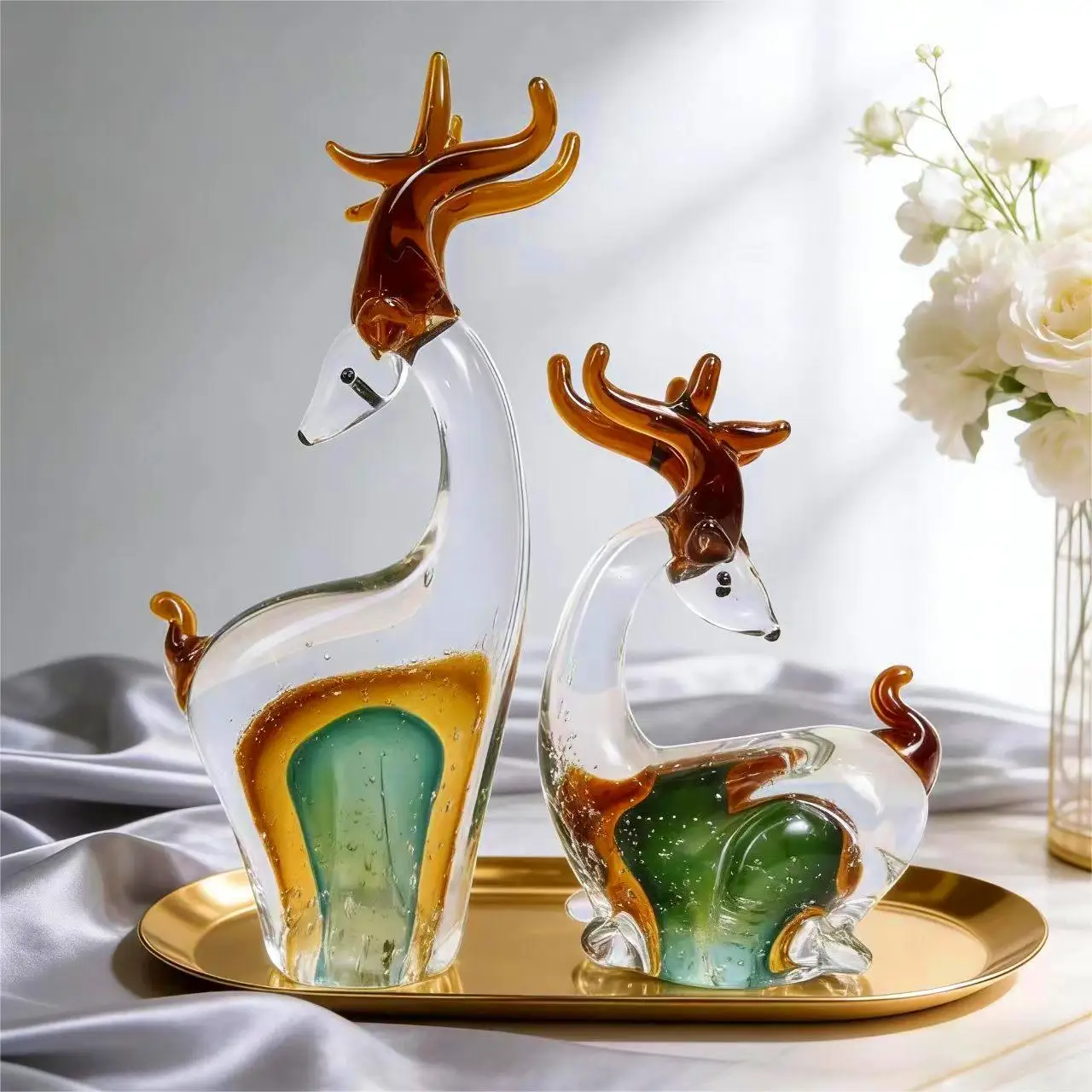 Boutique glazed pair of deer Gao Guan Houlu living room entrance housewarming opening gift glazed deer ornament
