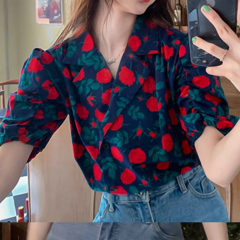 Floral Print Notched Loose Streetwear Casual Shirts Women Harajuku Shirt Summer Plus Size Korean Fashion Top Camisas Mujer 2022