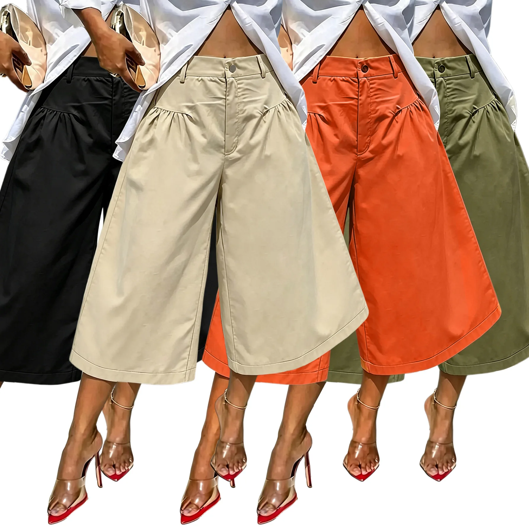 Summer Casual Wide-leg Pants Women's High-waisted Pleated Cropped Pants Loose A-line Casual Culottes Streetwear