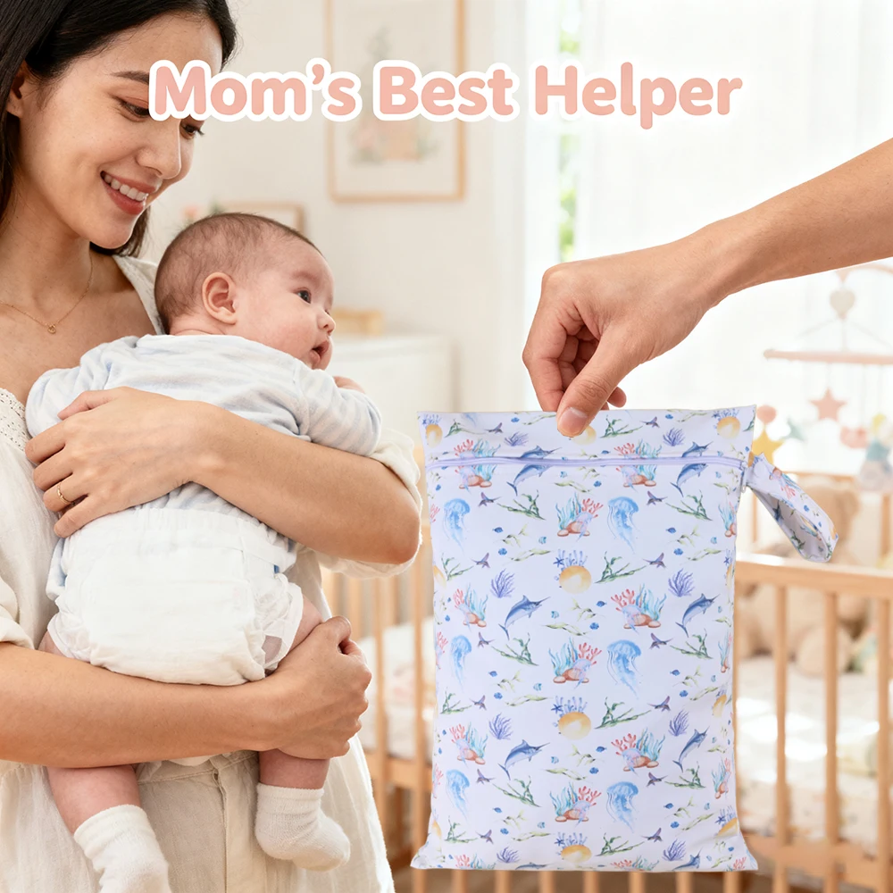 Reusable Washable Diaper Storage Bags Cute Large PU Wet Bag One Zipper Nappy Bags Handy Stroller & Beach Organizer Pouch