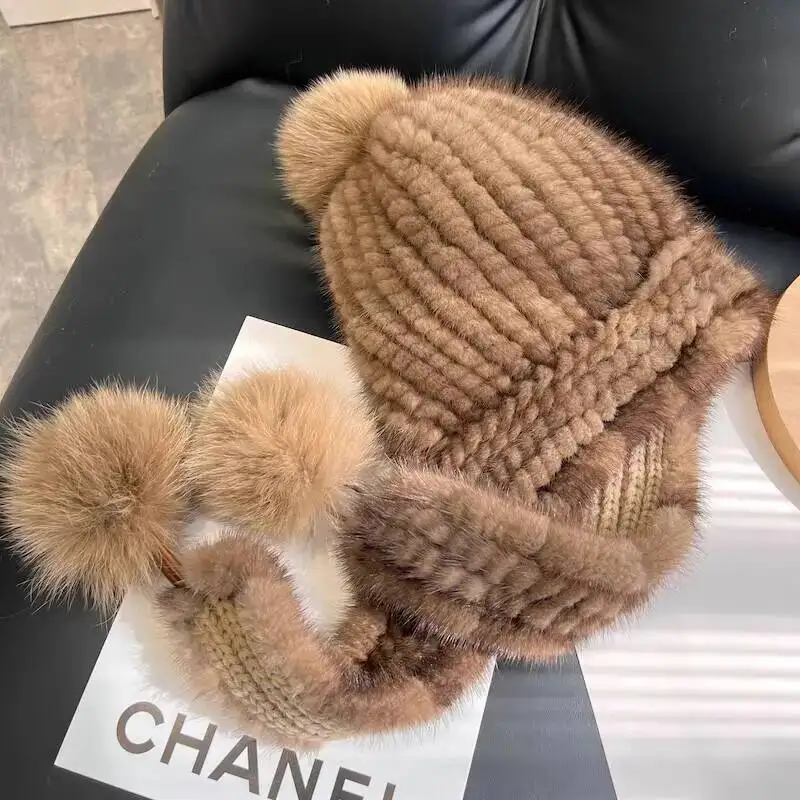 Real Mink Fur Hat For Women Handmade Knitted Fur Scarf Hat Wind Snow Hat Winter Warm Scarf Hat Thickened Ear Protection Fur Caps
