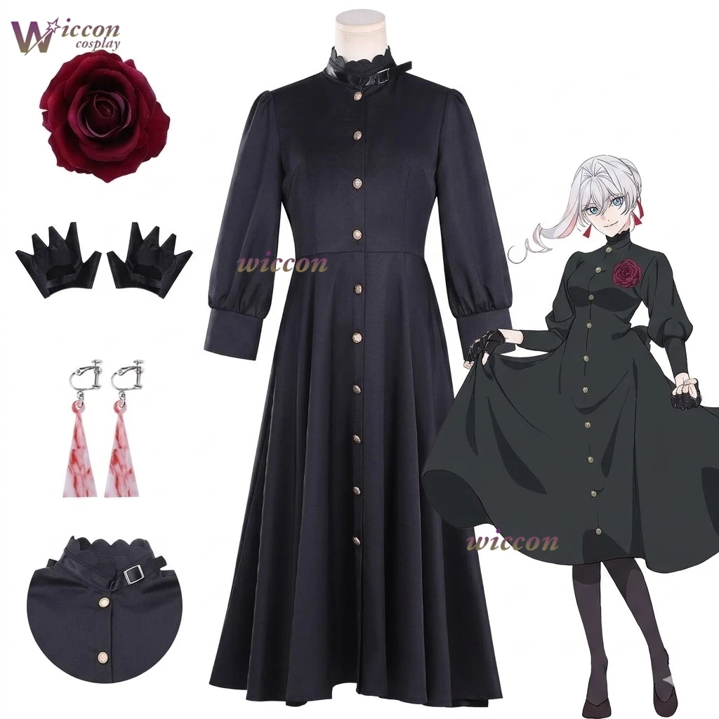 Disfraz de Cosplay de Anime May I Ask for One Final Thing Scarlet El Vandimion - Peluca Negra, Traje de Vestir Diario con Pendientes para Halloween