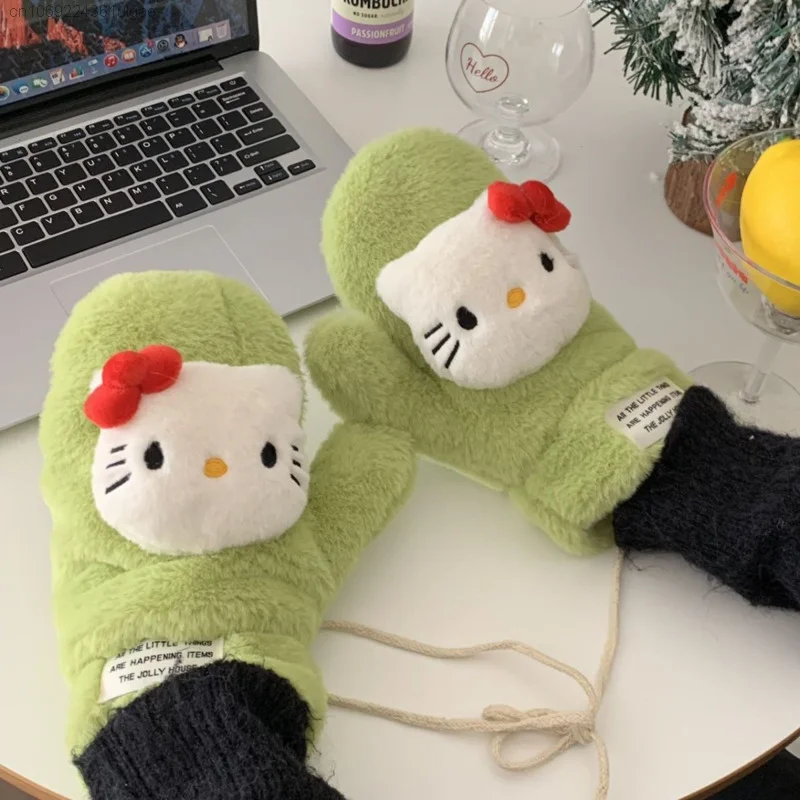 Sanrio Hello Kitty New Cute Plush Gloves Women Men Double Layer Warm Hanging Neck Mittens Kawaii Y2k Couple Winter Cycling Glove