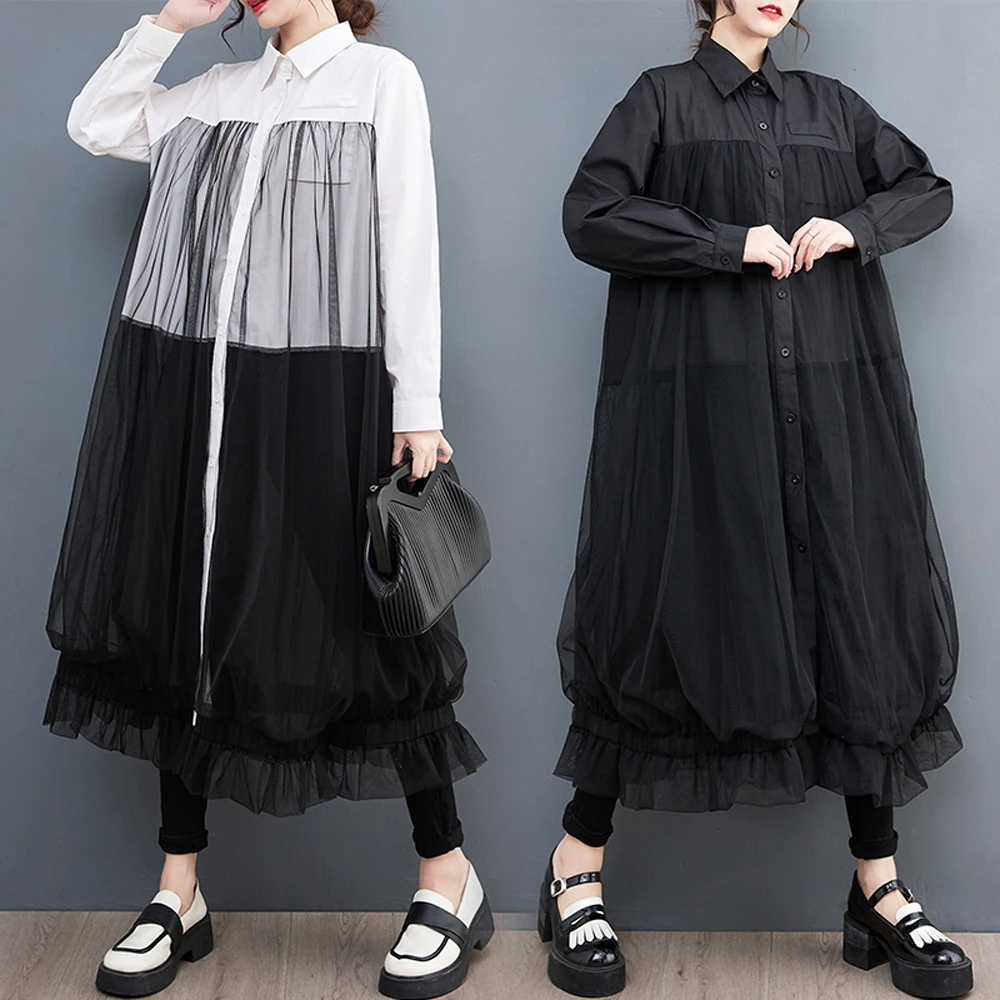 NYFS 2025 خريف جديد فضفاض حجم كبير فستان قميص عتيق رداء واحد الصدر شبكة المرقعة كم طويل فساتين حريمي