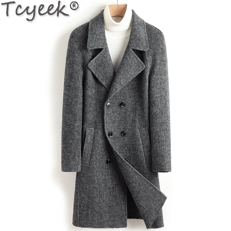 Tcyeek 65% Wool +5% Alpaca Coat Man Double-sided Woolen Jackets Mid-length Trench Coat for Men Autumn Winter Clothes Loose Fit