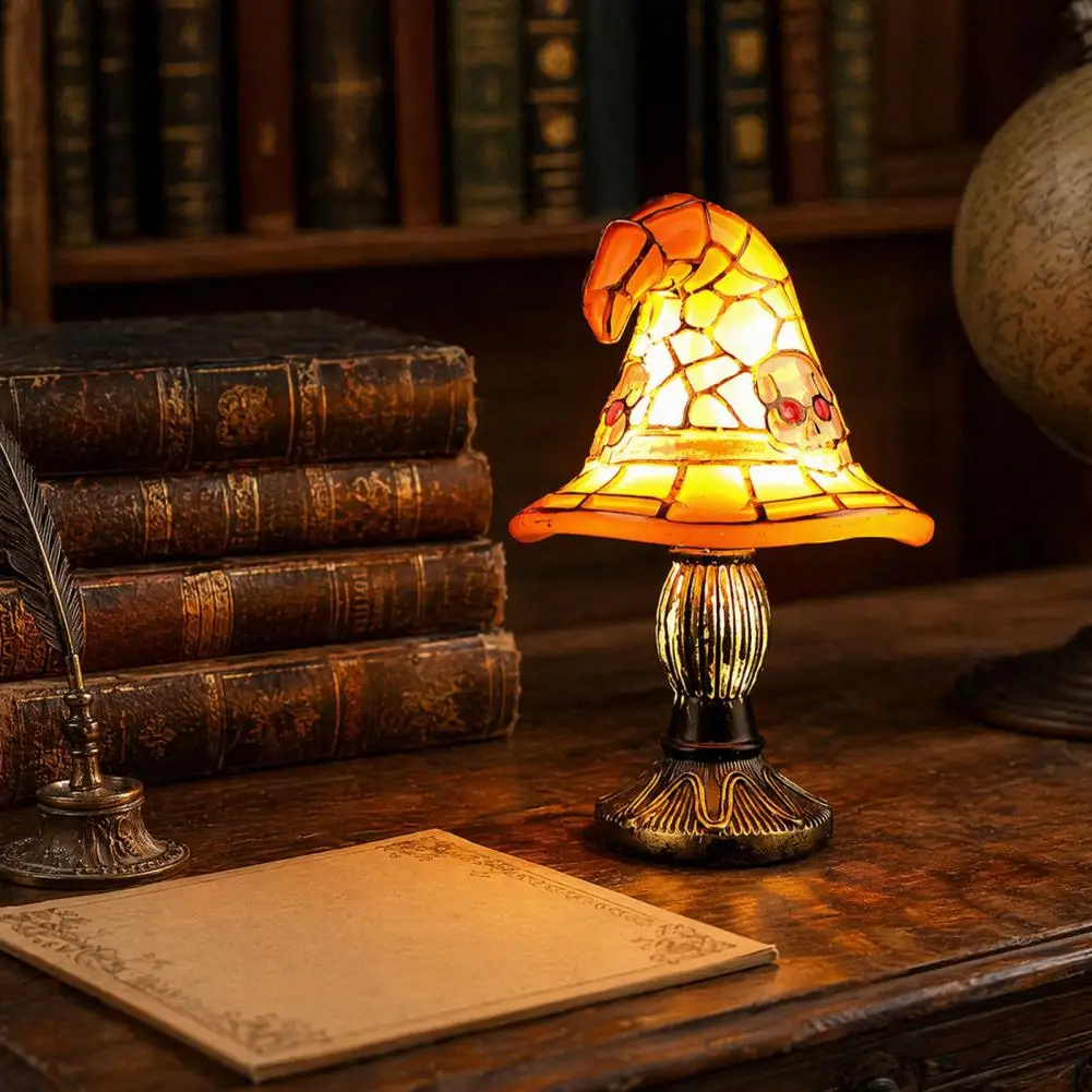 

Usb Powered Desk Lamp Resin Witch Hat Lamp Halloween Witch Hat Table Lamp Usb Stained Glass Night Light Vintage Hat for Home