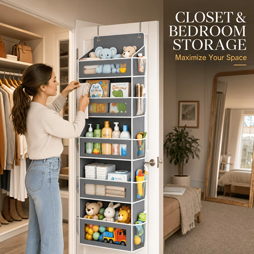 5-Shelf Behind Door Hanging Organizer, Non-Woven, No Drill, Wall/Door Mount Storage Bag, Shelf Baskets