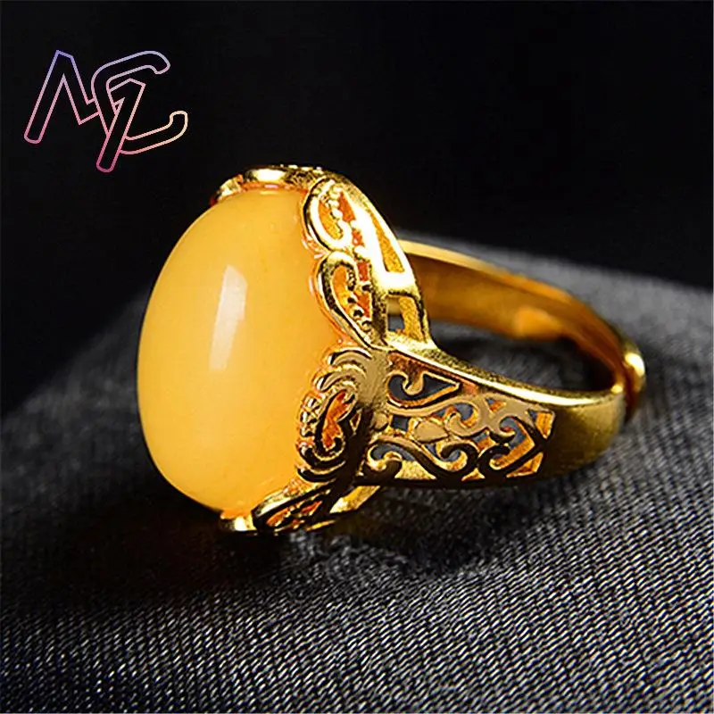 Yellow Amber Rings Lucky Amulet Talismans Real Gemstone Vintage Designer Luxury Gifts for Women Natural Jewelry