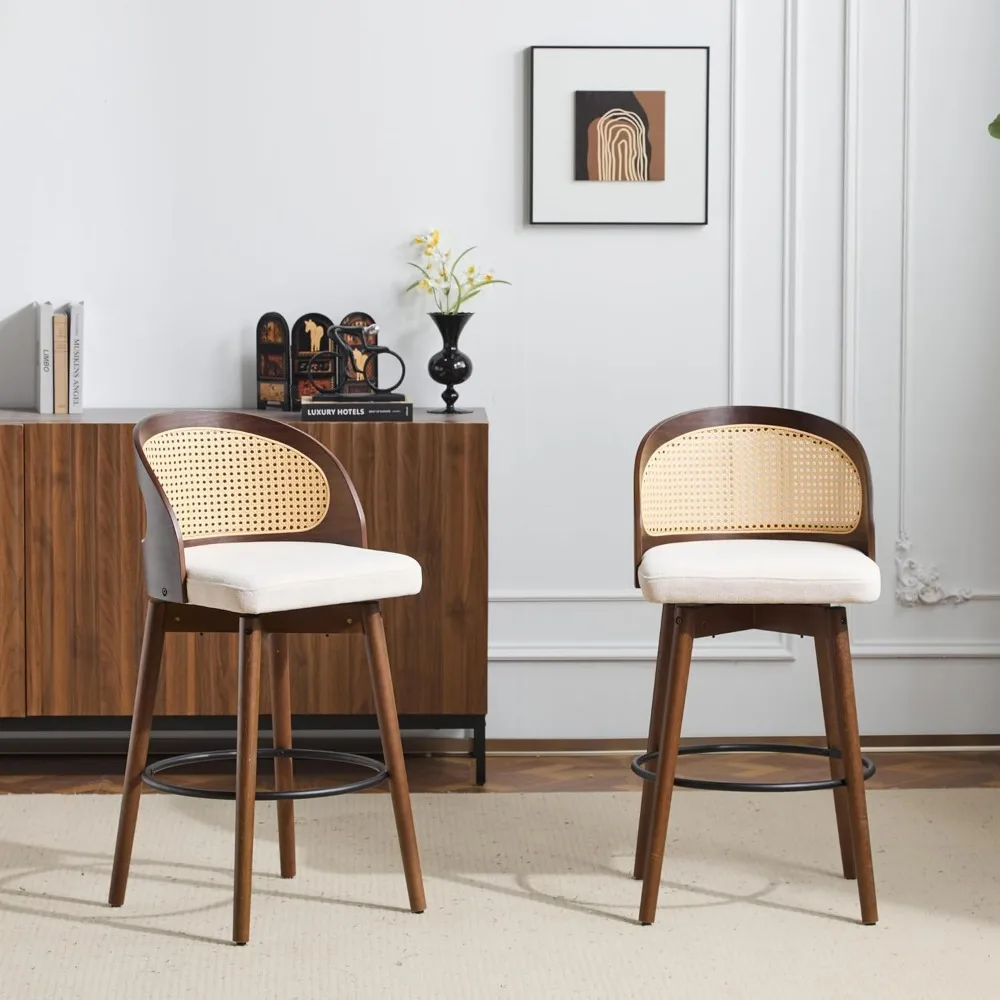 

23.75'' Tall Bar Stools Farmhouse Swivel Counter Height Stools Rubber Wood Frame Boho Barstools Footrest Rattan Backre