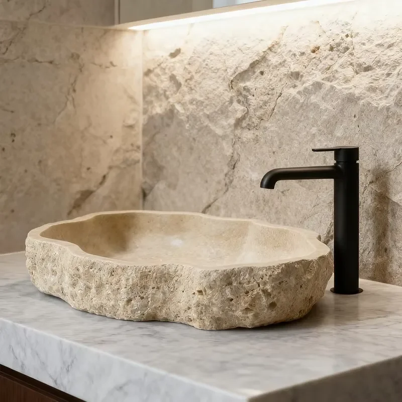 Modern Style Indoor/Outdoor Stone Travertine Sink Irregular Wave Shape Easy Clean Polished Drainer for Hand Washing for