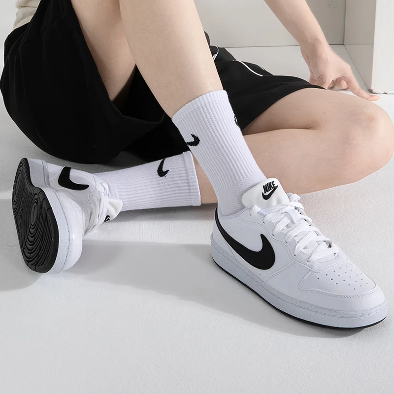 

Nike Court Borough Low Woman Skateboard Shoes Classics Black White Genuine leather Non-slip Comfortable Casual Sneakers