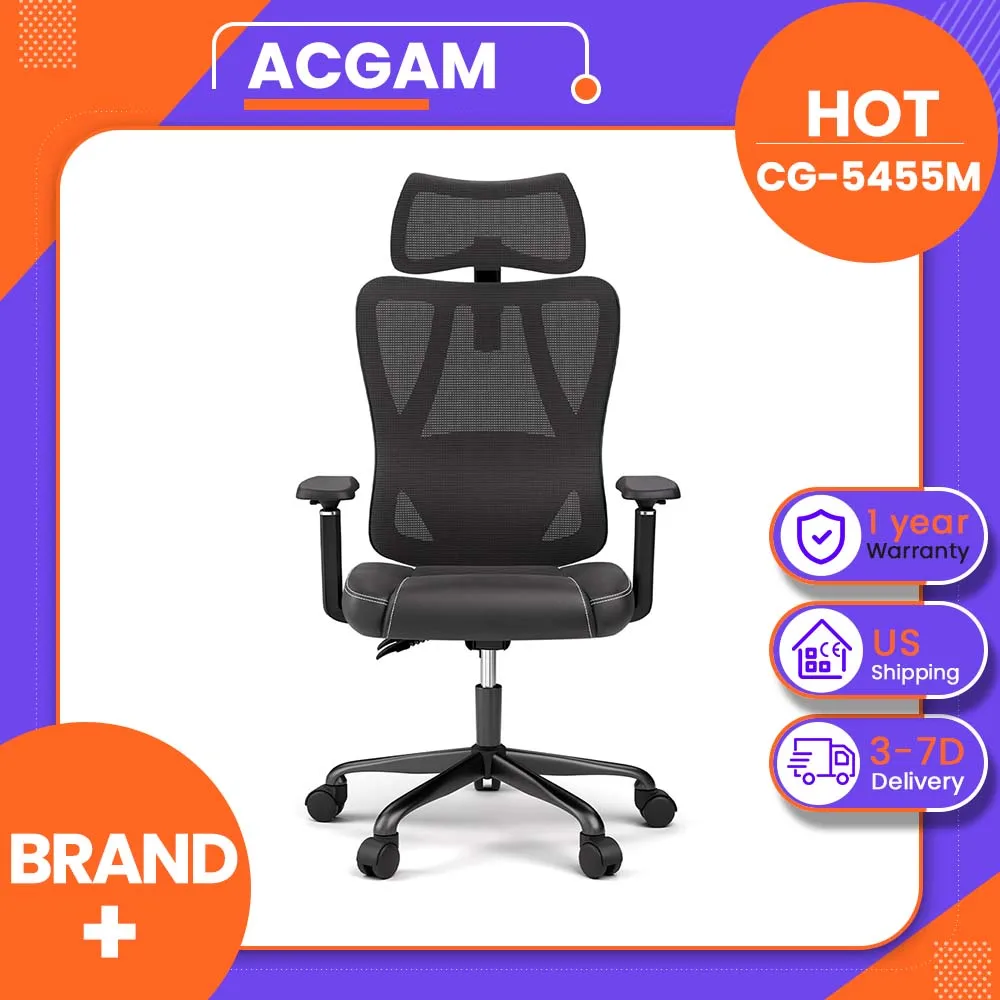 ACGAM CG-5455M Gaming Chair, Breathable Mesh Back, Adjustable Lumbar Support & Armrests, Multi-Angle Recline, 300lbs Metal Base, Ergonomic Office Chair for Gaming Work, 18.5-22.2