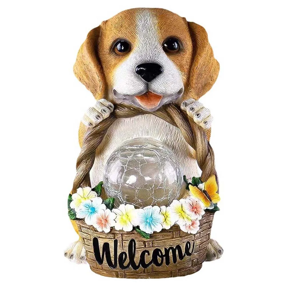 

Solar LED Garden Dog Statue with Flower Basket and Warm Orb Light for Outdoor Patio Lawn Balcony Yard Decoration