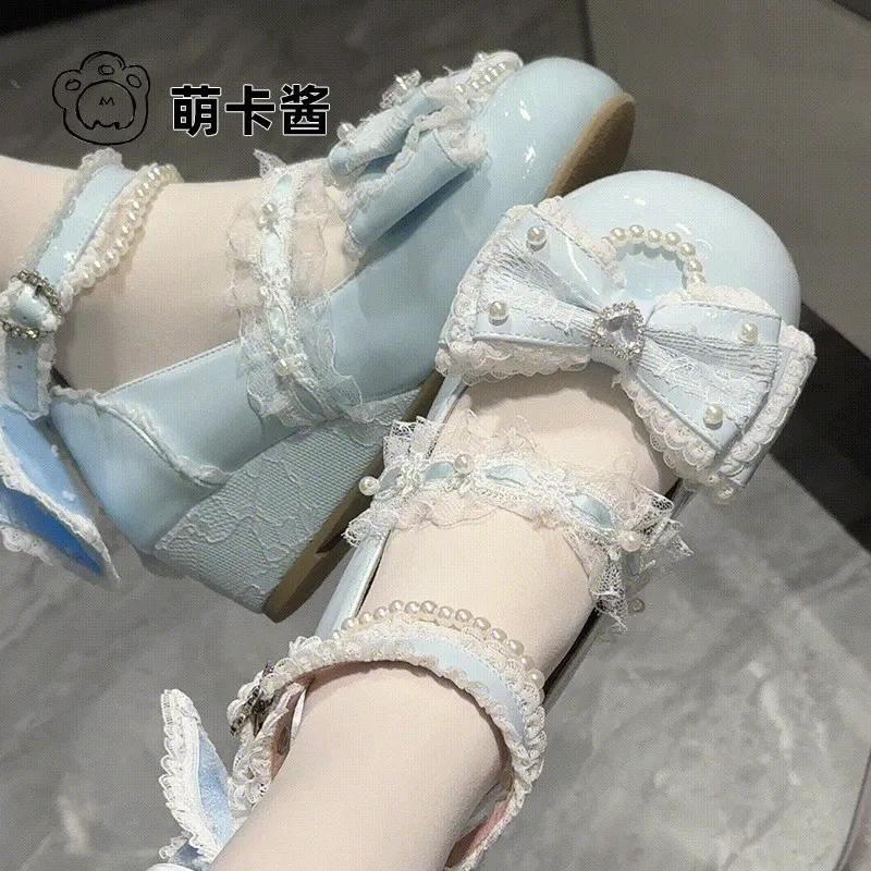 Sweet Lolita Mary Jane Mid Heel Shoes Round Toe Lace Ruffle Bow Pearl Rhinestone Ankle Strap Women Jk Vintage Pumps