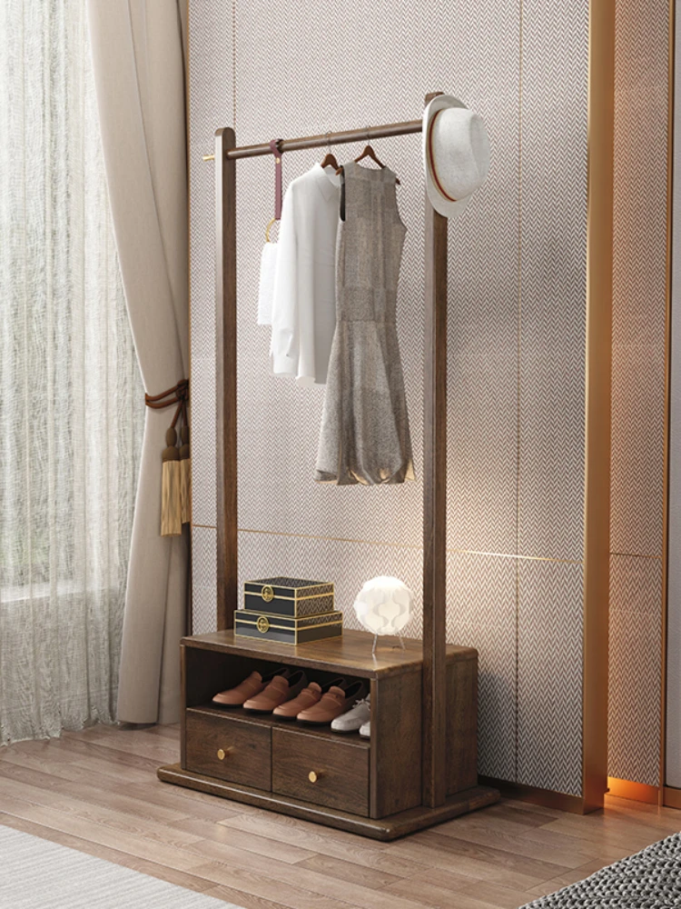 XK New Chinese Style Solid Wood Coat and Hat Rack Floor Bedroom and Household Light Luxury Clothes Rack with Drawer