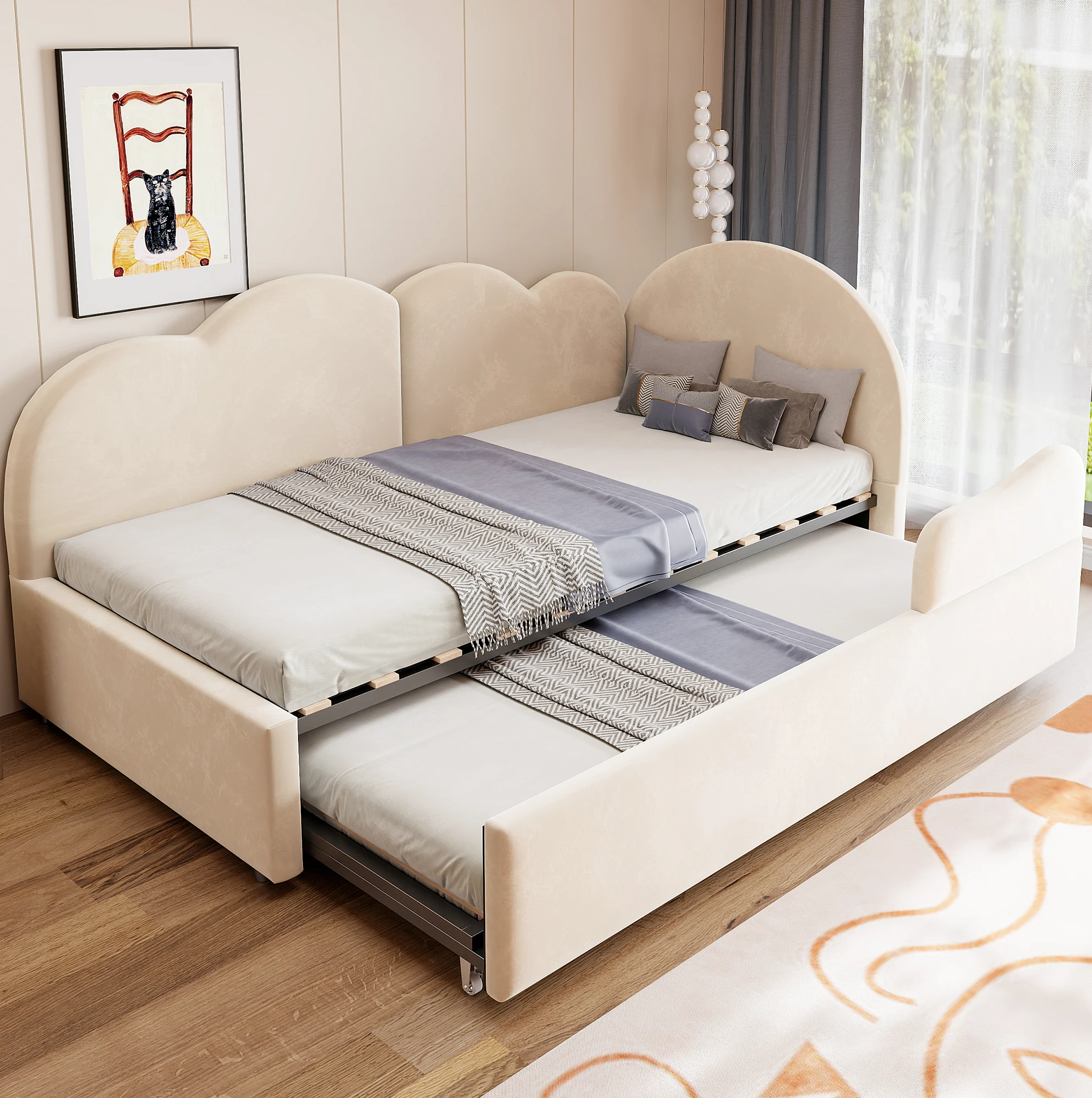 L-vormige gestoffeerde slaapbank 90x200+90x190 cm met wolkenvormig hoofdeinde in beige velours