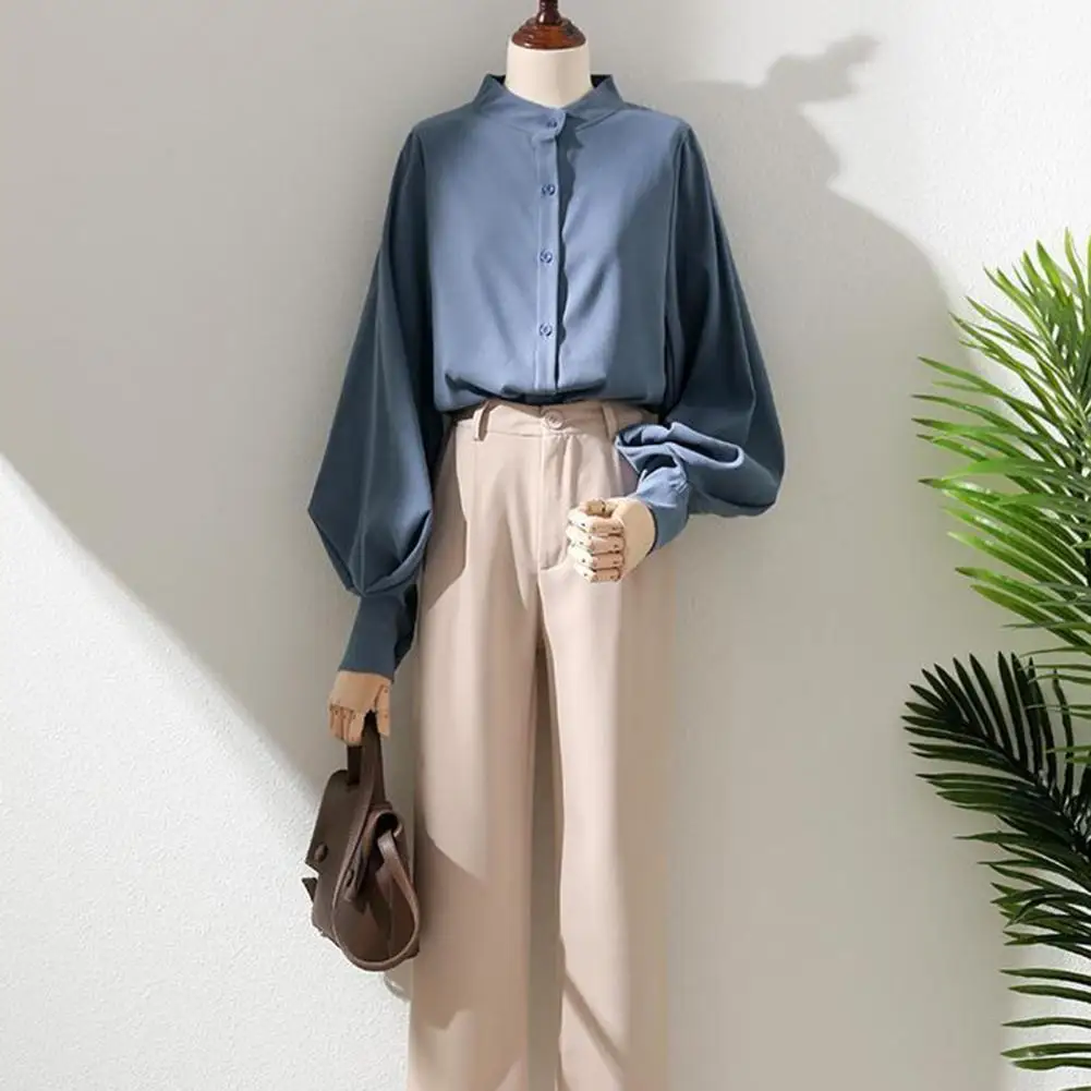 

Single-breasted Button Cardigan Elegant Women's Stand Collar Cardigan Blouse with Lantern Sleeves for Formal Business Style