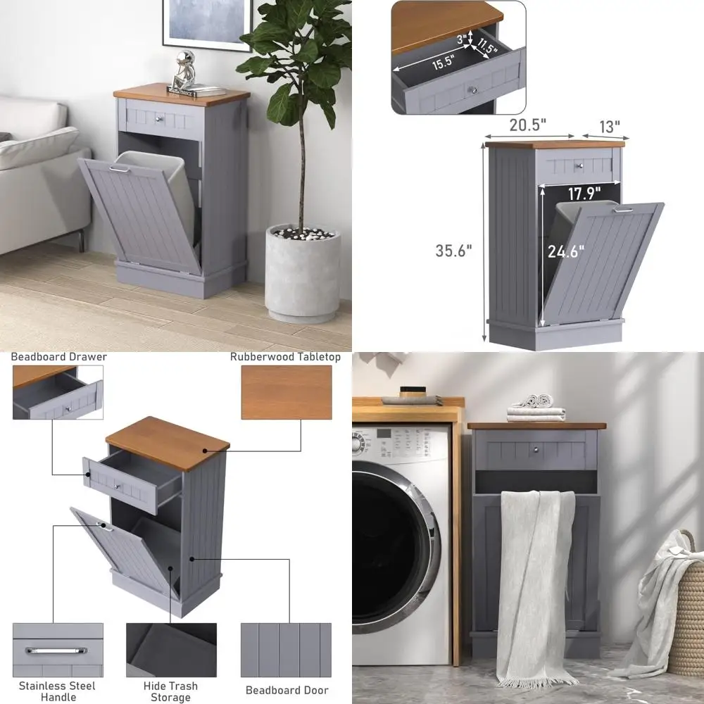 

10 Gallon Wooden Freestanding Laundry Sorter Cabinet with Recyclable Bin and Hidden Drawer for Efficient Home Organization