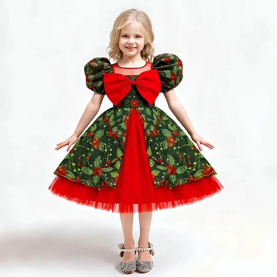 Vintage Girls Green Elf Christmas Dress Floral Big Bow Puffy Dresses For Children Stage Performance Festival Xmas Party Costume