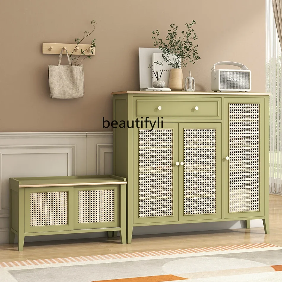 Japanese-style shoe cabinet, integrated wall cabinet at the door, large capacity 3-door storage cabinet, shoe change stool