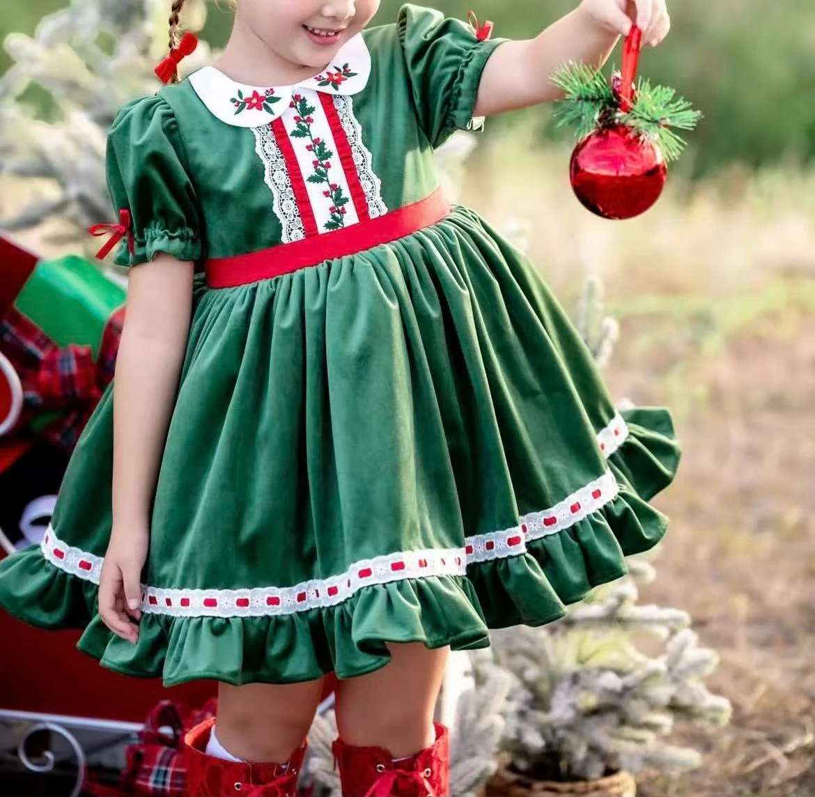 

0-12Y Baby Girl Summer Leaves Embroidery Vintage Princess Green Dress for Birthday Photography Holiday Eid Christmas B468