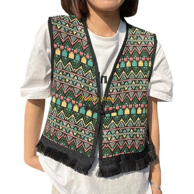 N58F Vintage Floral Embroidery Printed Cardigan Vest Womens Elegant Sleeveless Tops