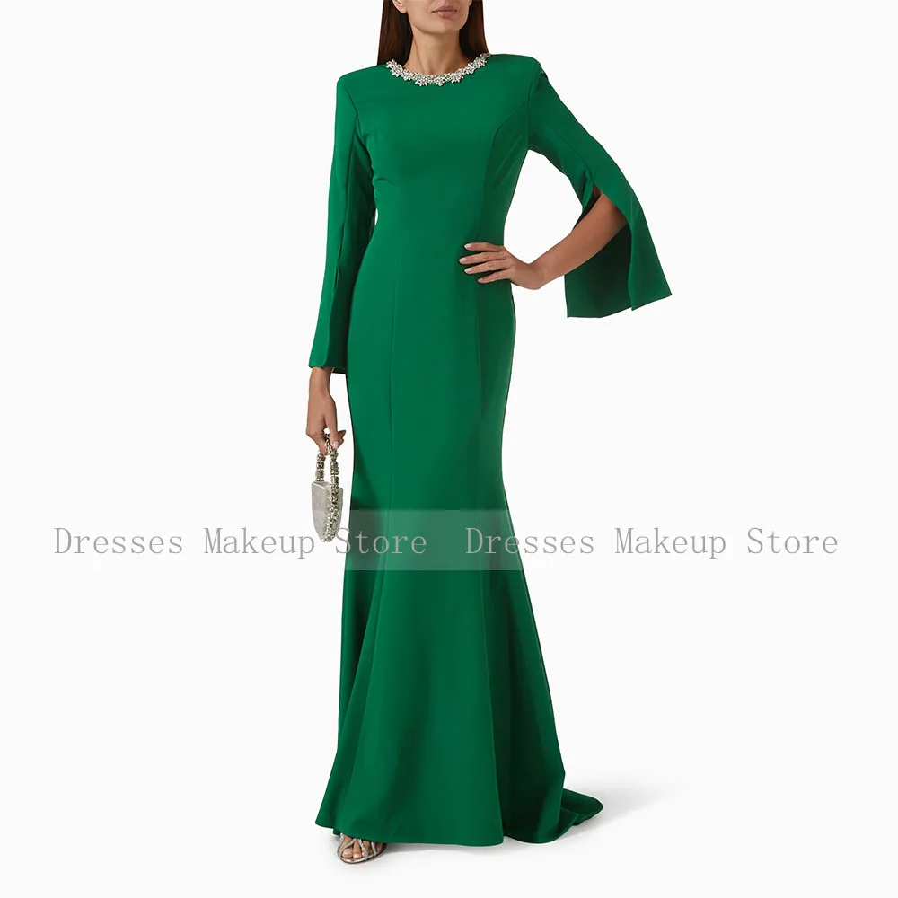 Vestido de fiesta Formal personalizado, capa con cuello redondo de cristal, mangas, vestidos de fiesta de sirena para mujer, vestidos de noche verdes de sirena/trompeta