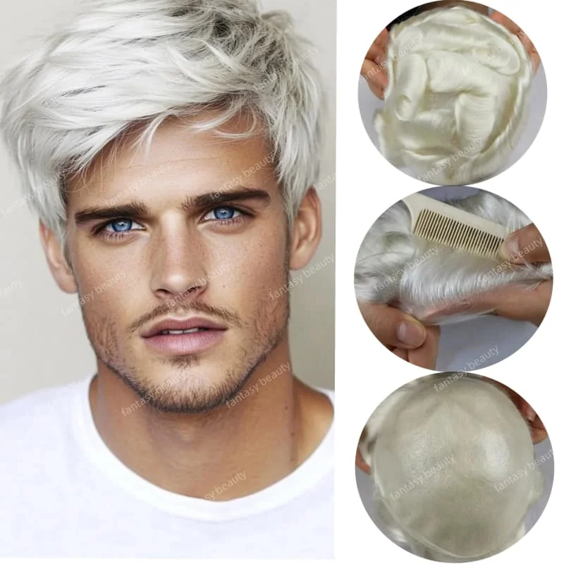 

Natural hairline invisible konts men’wig 0.02-0.03mm thin skin pu men toupee #1b65#1b80#60R lightest white gray black hair wig