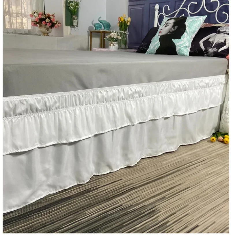 16 Inch White Double Layers Ruffles Queen Bed Skirts Drop With Sturdy Elastic Wrap Around Easy Install Soft Fabric