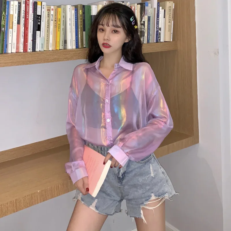 Summer Beach Shirts Women Sheer See-through Shiny Loose Casual Blouse Sun-proof Mesh Tops All-match Holiday Sunscreen Clothes