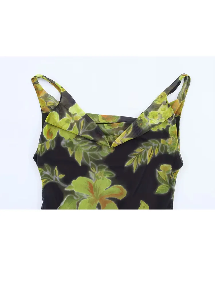 HH Frauen Neue Elegante Ärmellose Tüll Gedruckt A-Line Kleid Sommer Weibliche Hohe Taille Gefaltetes Schlanke Backless Sling Mini Kleid
