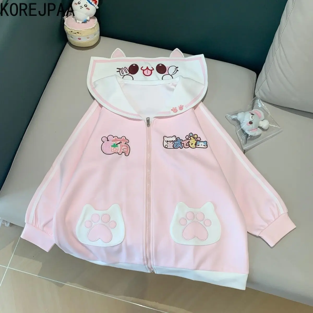 

Korejpaa Japan Style Women Jacket Sweet Cute Girl Navy Collar Ears Zipper Hoodie Long Sleeve Coat Gentle Kawaii Clothes