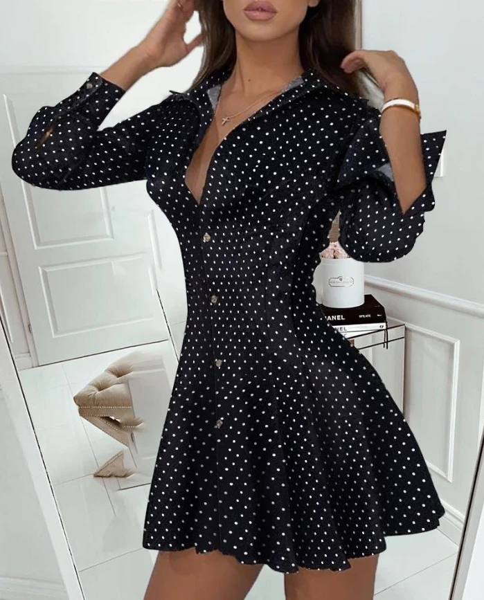 Polka dot printed button up front long sleeved shirt dress for women dresses woman summer 2025 trend