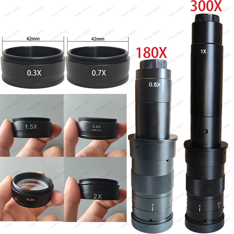 Objectif réglable à monture C, Zoom 10A, grossissement 120X 180X 300X laboratoire 0,3x 0,5x 0,7x 2X pour caméra de Microscope industriel