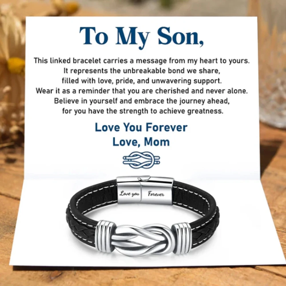 

To My Son/Grandson Leather Wrap Infinity Knot Bracelet, Personalized Custom Engraved Name Leather Bracelet For Men -Mother & Son