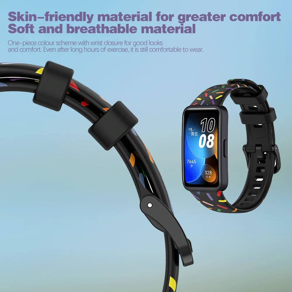 Rainbow Silicone Watch Strap For Huawei Band 8 Replacement Sport Wristband Smart Watch Bracelet Accessories Print Strap Pulseira