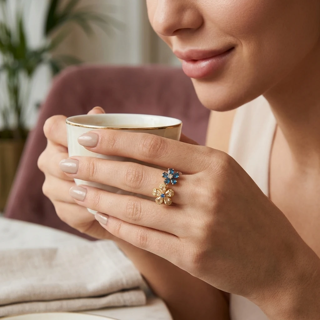 Adjustable Size Dual-Tone Flower Open Ring for Women with Cubic Zirconia Embedding Suitable for Daily And Party Wear Gift Option