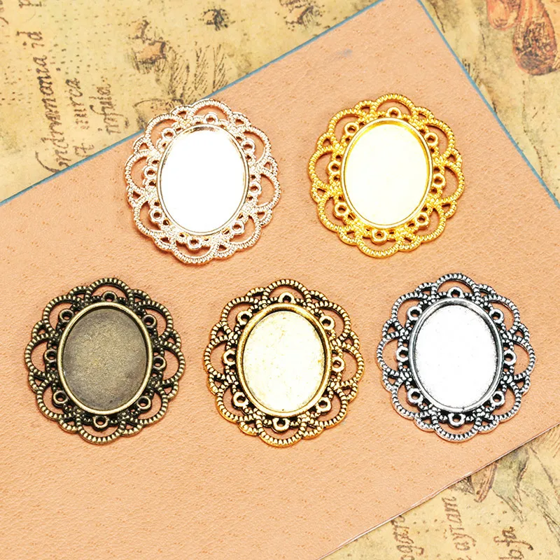 

20/100PCS DIY Jewelry Material Time Gemstone Base Sticker Elliptical Lace Base Alloy DIY Handmade Pendant