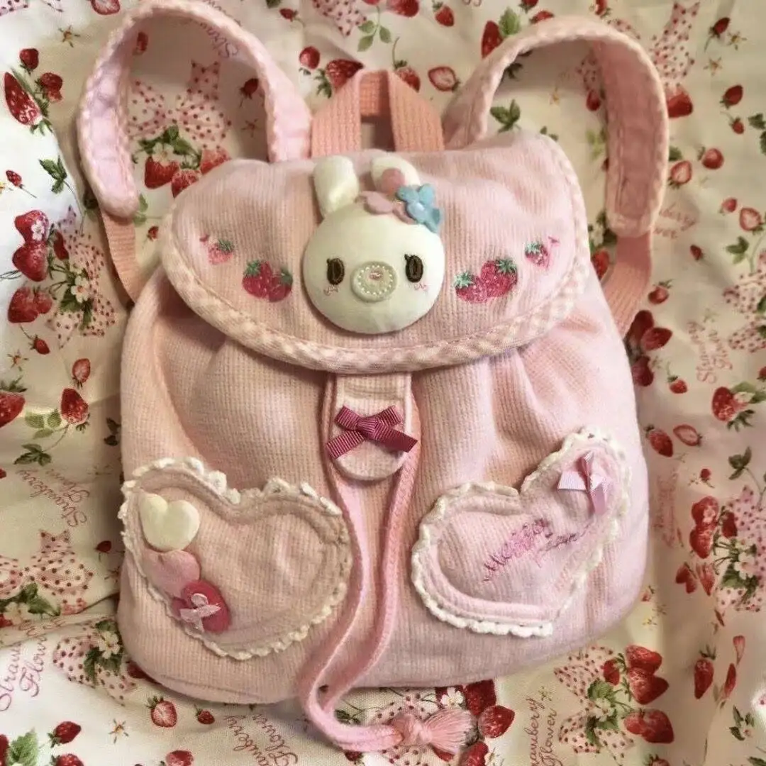 Japanese Pink Strawberry Rabbit Backpack Cute Sweet Girl Small School Backpack Summer New Fairy Knapsack Gifts for Girl