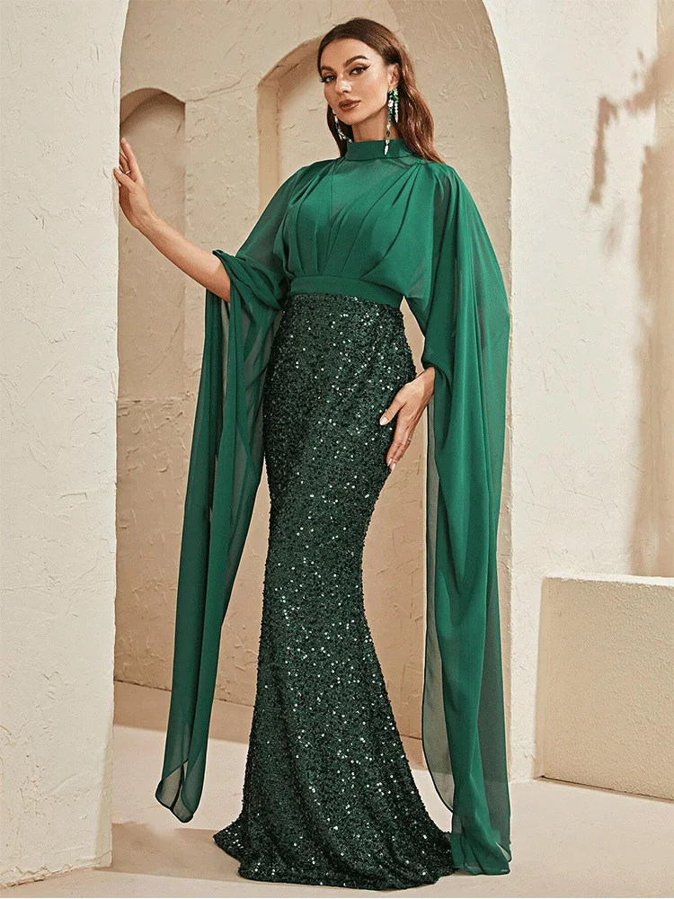 Round Neck Chiffon Long Sleeve Floor-Length Evening Dress Wedding Banquet Dance Luxury Ladies Party Evening Dress Prom Gown