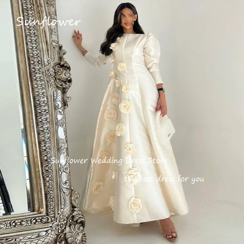 Sunflower Simple Ivory O-Neck 3D Flowers A-LINE Prom dress 2024 Slim Long Sleeve Ankle-Length Formal Evening Dress