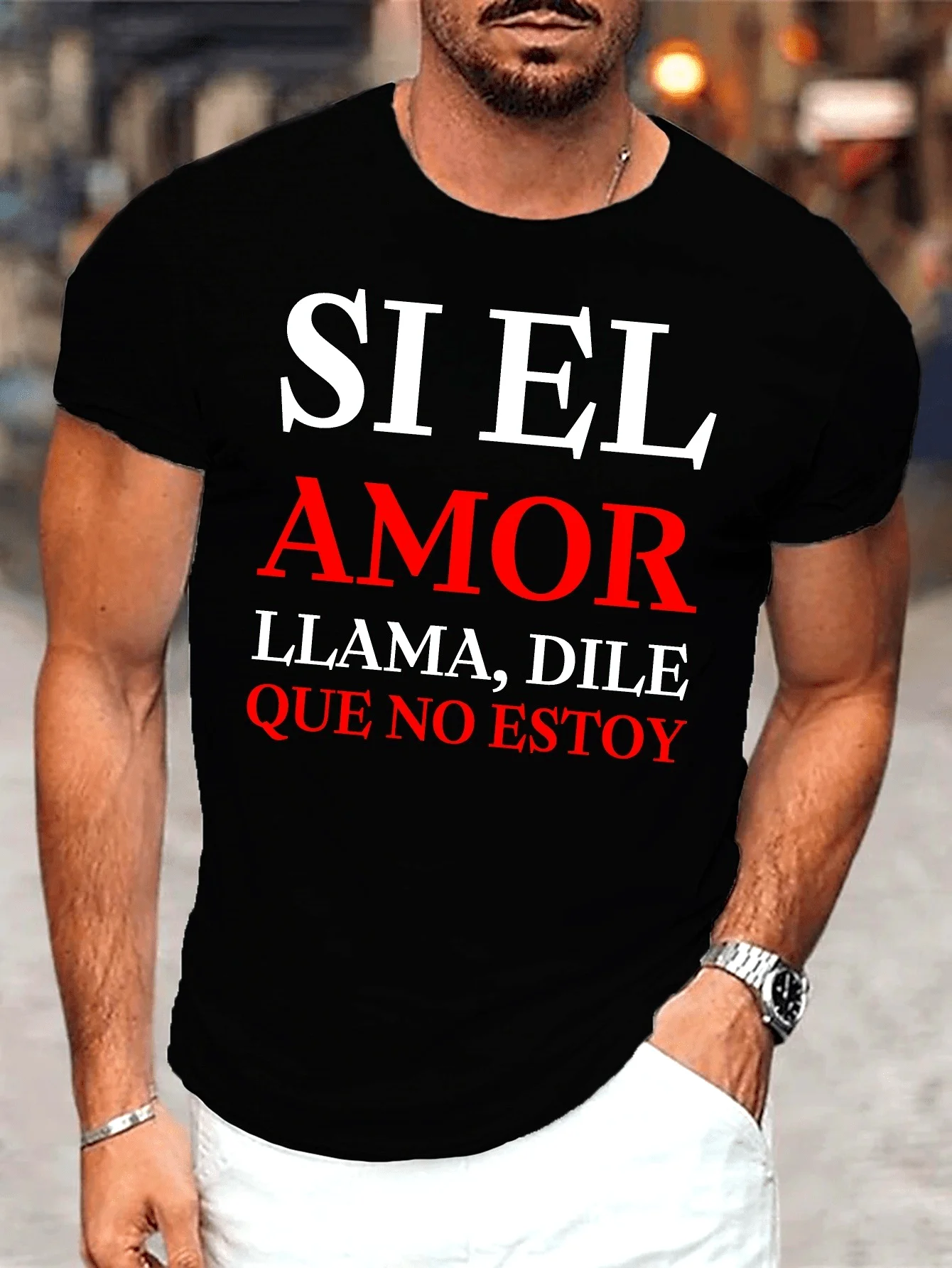Spanish-Themed Slogan Men's Black Crew Neck Short-Sleeve T-Shirt with Red and White Letter Print, Casual Versatile Trendy Half-Sleeve Top