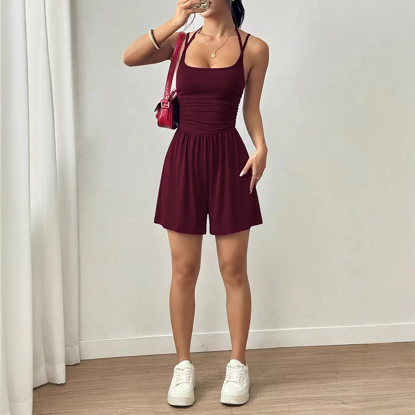 

Suspension Sleeveless Sexy Slim Solid Color Waist Casual Sports Jumpsuit Womens Summer New Beach Vacation Style Versatile Shorts