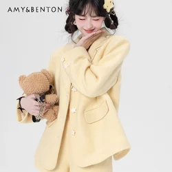 Chaqueta y pantalones cortos de lana para mujer, traje de 2 piezas, color morado y amarillo, novedad de otoño, 2024