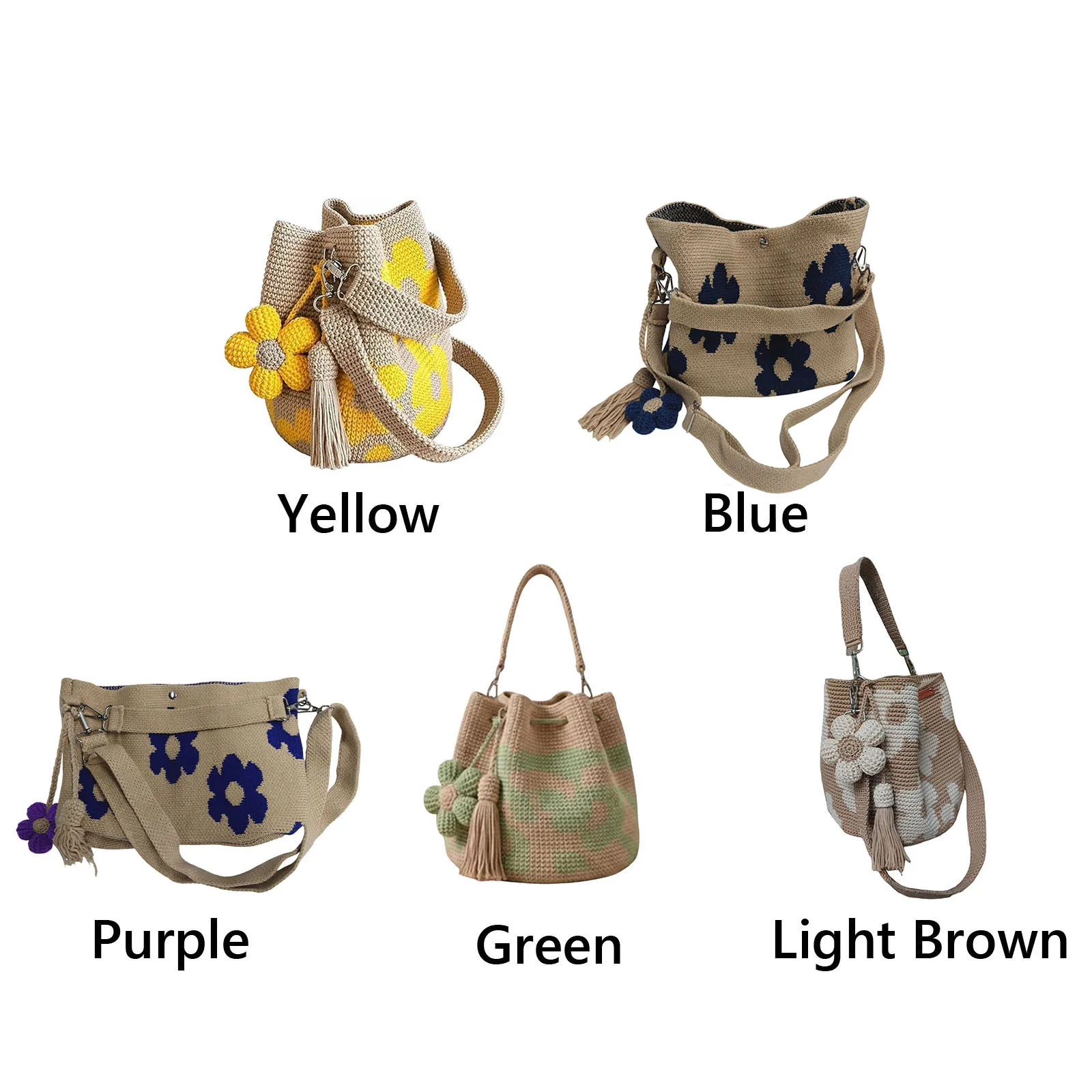 Boho Beach Handbag Lightweight Crossbody Shoulder Bag with Flower Tassel Needlepoint Barrel Drawstring Purse for Women Vacation view 3